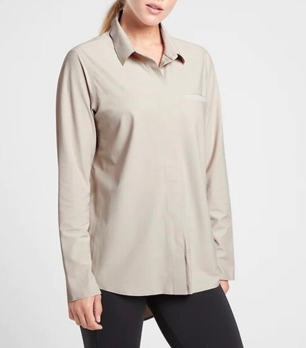 Athleta Urbanite Stretch Button Down Long Sleeve Top Beige Grey Size 1X